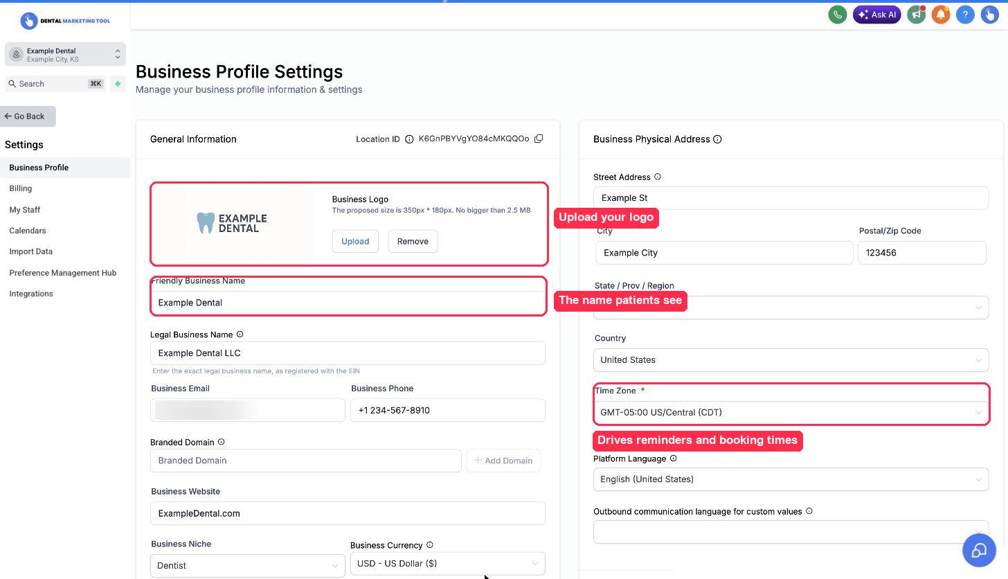 The Business Profile settings screen with the logo uploader, practice name, and time zone fields highlighted