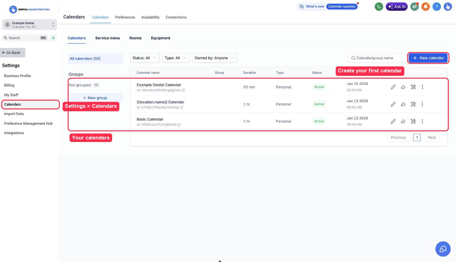 Calendar settings showing your list of booking calendars and the New calendar button