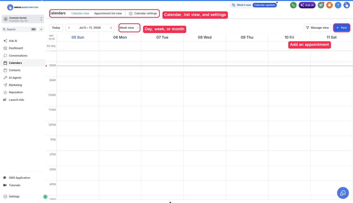 The calendar week view with the view selector, top tabs, and New appointment button highlighted