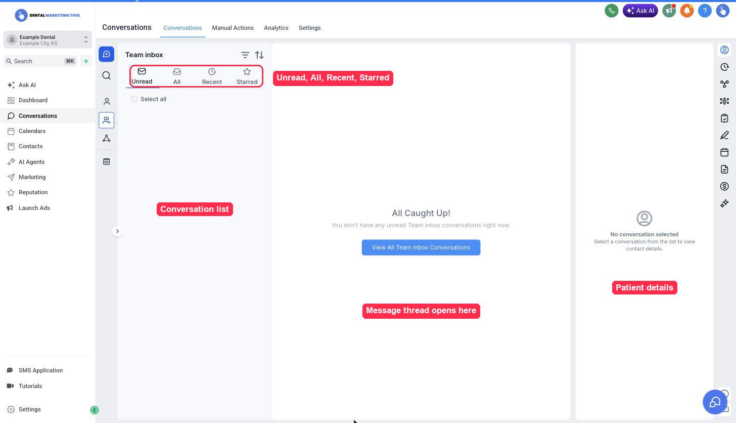 The Conversations inbox showing the conversation list, message thread area, and patient details panel