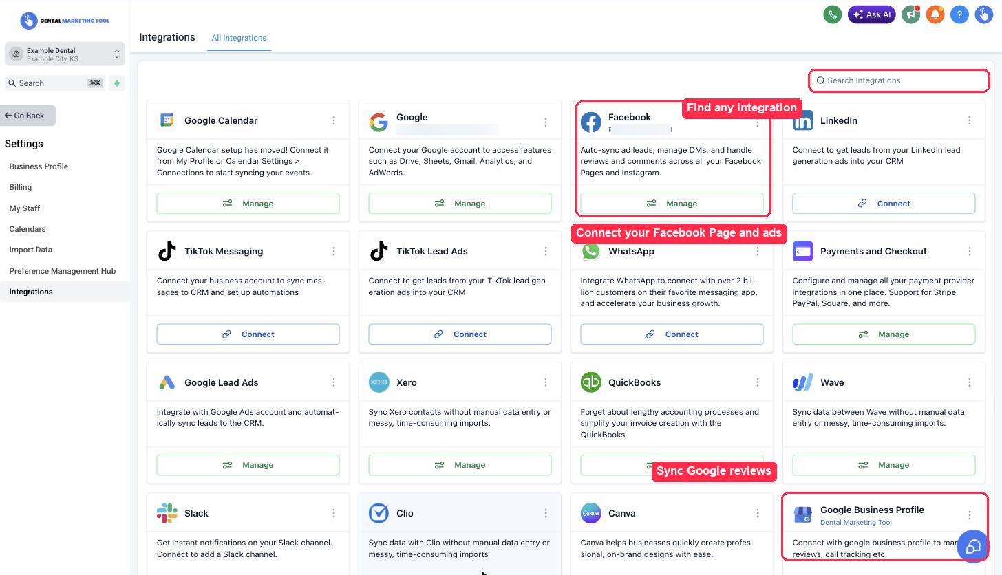 The Integrations screen with connection cards for Facebook, Google Business Profile, and other services