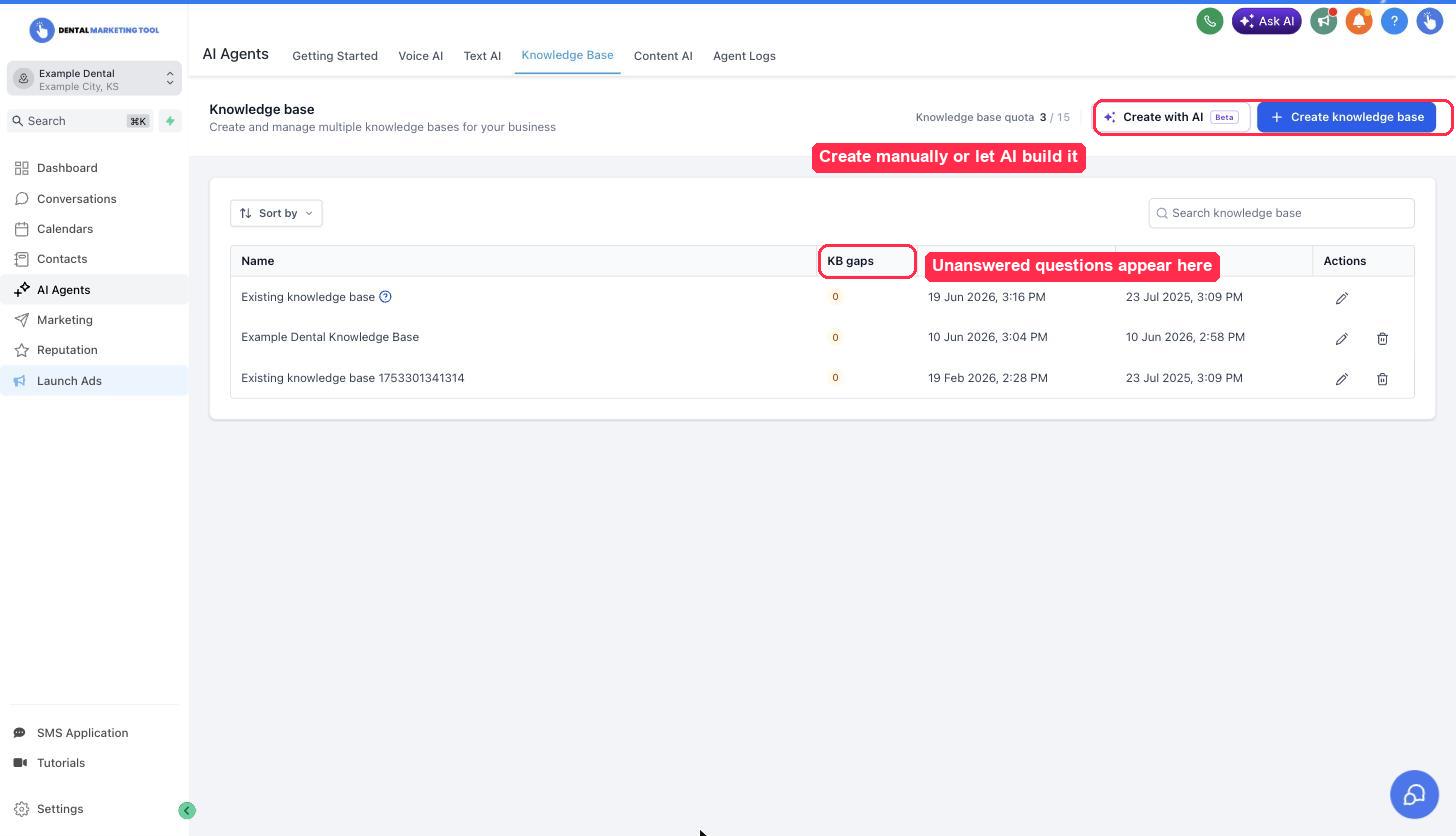 The AI knowledge base screen where you add FAQs and track unanswered patient questions