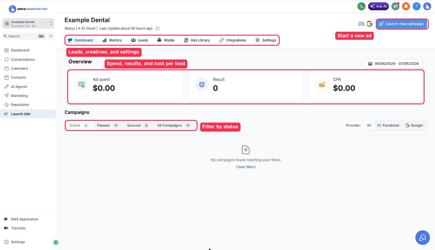 The ads dashboard with spend, results, and cost-per-lead cards highlighted above the campaign list