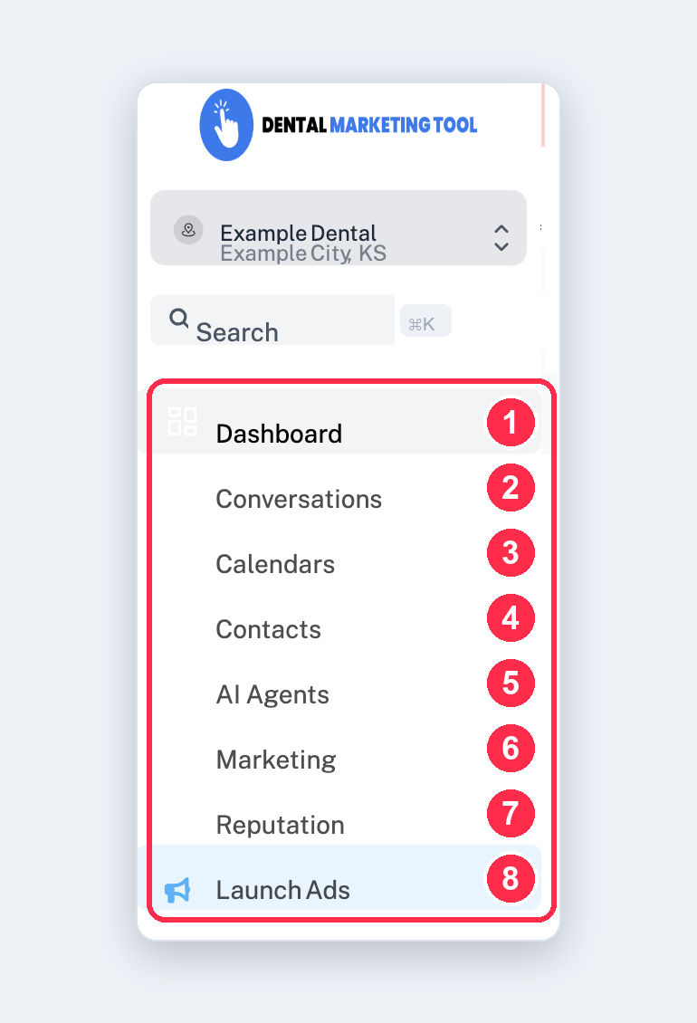 The Dental Marketing Tool main menu with each section numbered 1 to 8