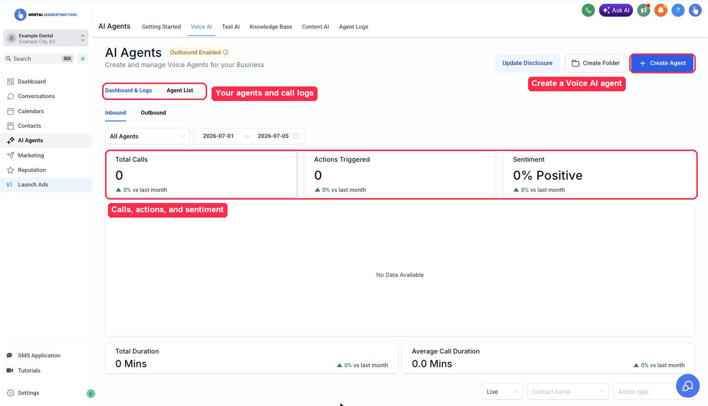 The Voice AI dashboard showing call stats, the agent list, and the Create Agent button